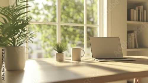 Wallpaper Mural Modern home office with wooden desk, laptop, plant, and coffee mug in sunlit room. Wooden coffee table with houseplant Torontodigital.ca