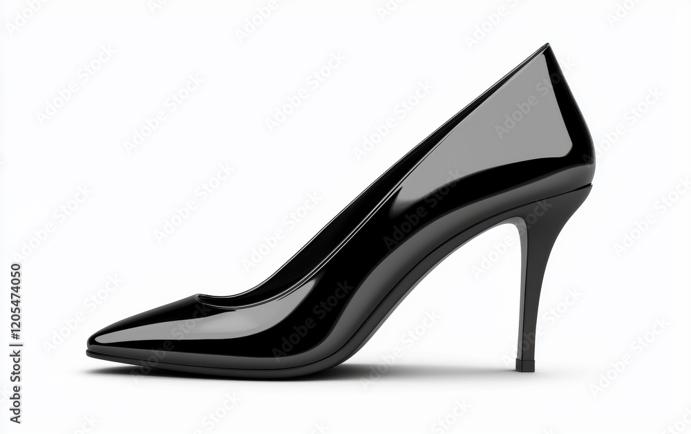 black high-heeled shoe with a pointed toe and glossy finish on a clean white background black high-heeled shoe with a pointed toe and glossy finish on a clean white background