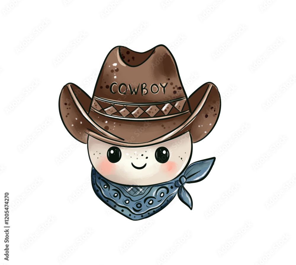 Cute Baby Cowboy Character Watercolor Illustration in Line Art Illustration with Hat and Bandana Cute Baby Cowboy Character Watercolor Illustration in Line Art Illustration with Hat and Bandana