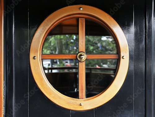 Vintage Wooden Round Porthole Window with Cross Frame on Dark Door photo