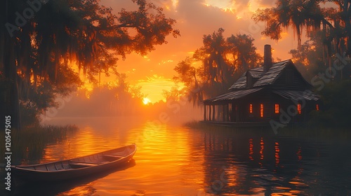 Bayou sunrise, houseboat, misty swamp, sunset glow, tranquil scene