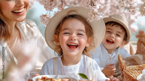 Family enjoying a sunny picnic under cherry blossom trees with children smiling and sharing joyful moments