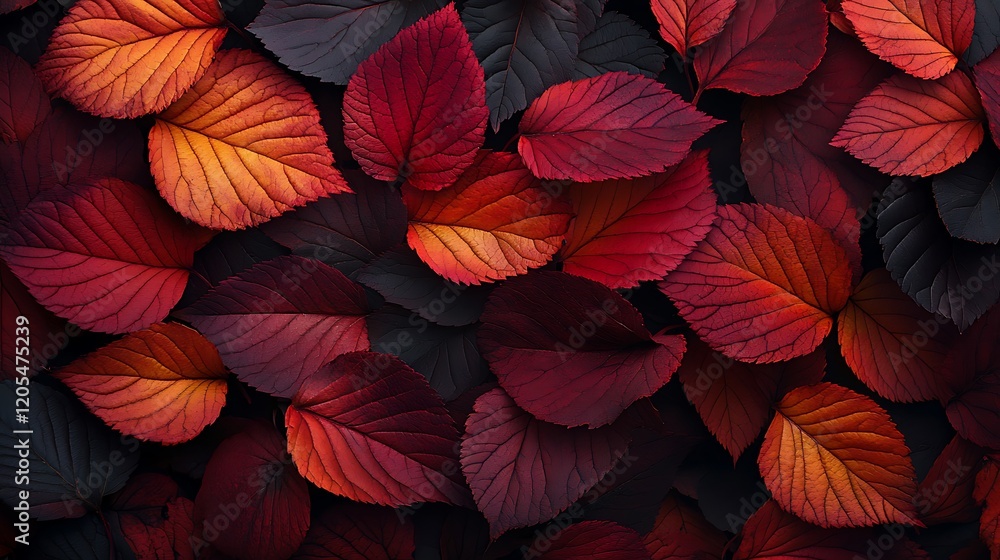 A close-up of vibrant autumn leaves, reds and oranges with yellow centers, arranged in an artistic composition. A close-up of vibrant autumn leaves, reds and oranges with yellow centers, arranged in an artistic composition.