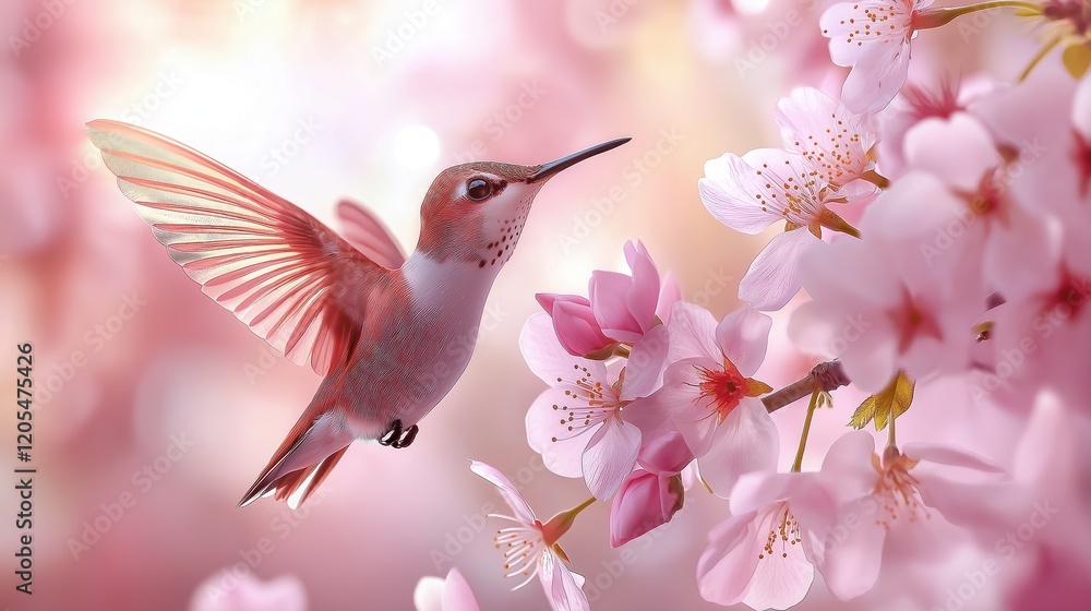 Naklejka premium Majestic hummingbird hovering near cherry blossoms in a vibrant spring garden