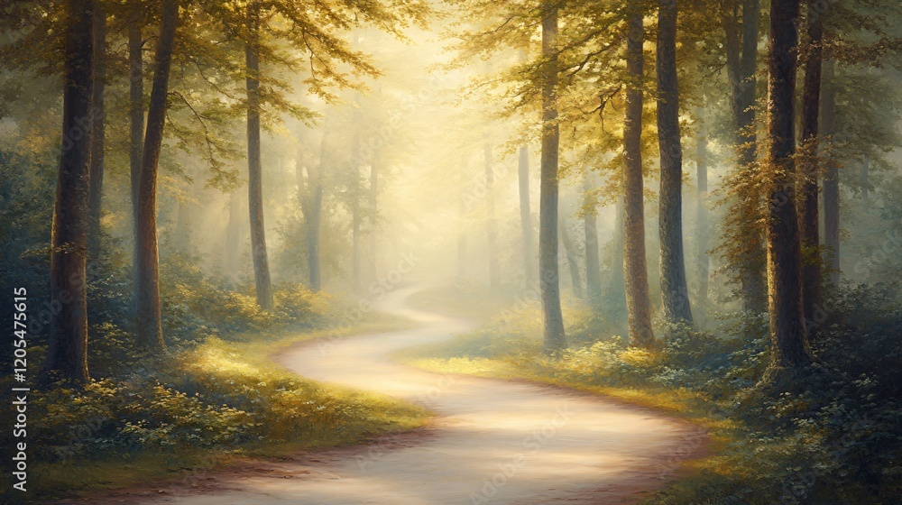 Obraz premium Serene Winding Path Through Misty Golden Forest