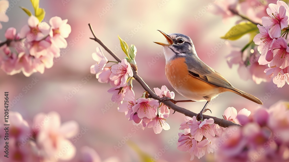 Fototapeta premium Beautiful robin perched on a blossoming cherry tree branch during springtime