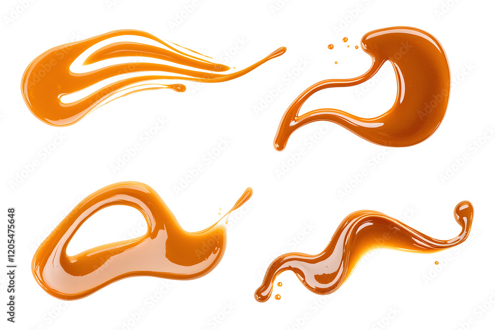 Fototapeta premium Caramel splash, sweet liquid candy swirl and wave, splashing with droplets. 3d Melted toffee syrup with splatters and dynamic motion isolated on white background