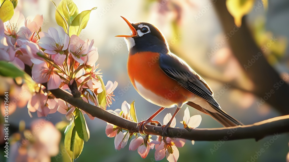 Fototapeta premium Vibrant robin perched among blossoming flowers in a sunlit garden during springtime