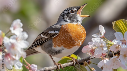 Stunning robin singing perched on a blooming cherry blossom branch during spring