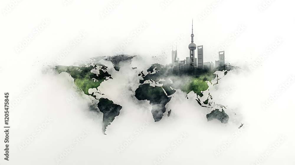 Fototapeta premium Abstract Earth illustration focusing on China, textured ink splatters, geometric highlights, monochromatic black and white with soft atmospheric green tones, weathered finish, Ultra-Realistic,