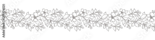 Floral border with blooming branches, leaves and flowers. Spring seamless horizontal background with beautiful hand drawn garland in line art style. Vector vintage illustration