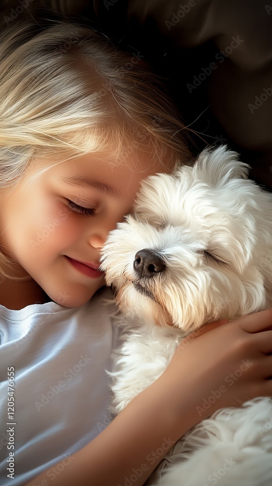 A child cuddles a fluffy white dog, showcasing a tender moment of affection and companionship. A child cuddles a fluffy white dog, showcasing a tender moment of affection and companionship.