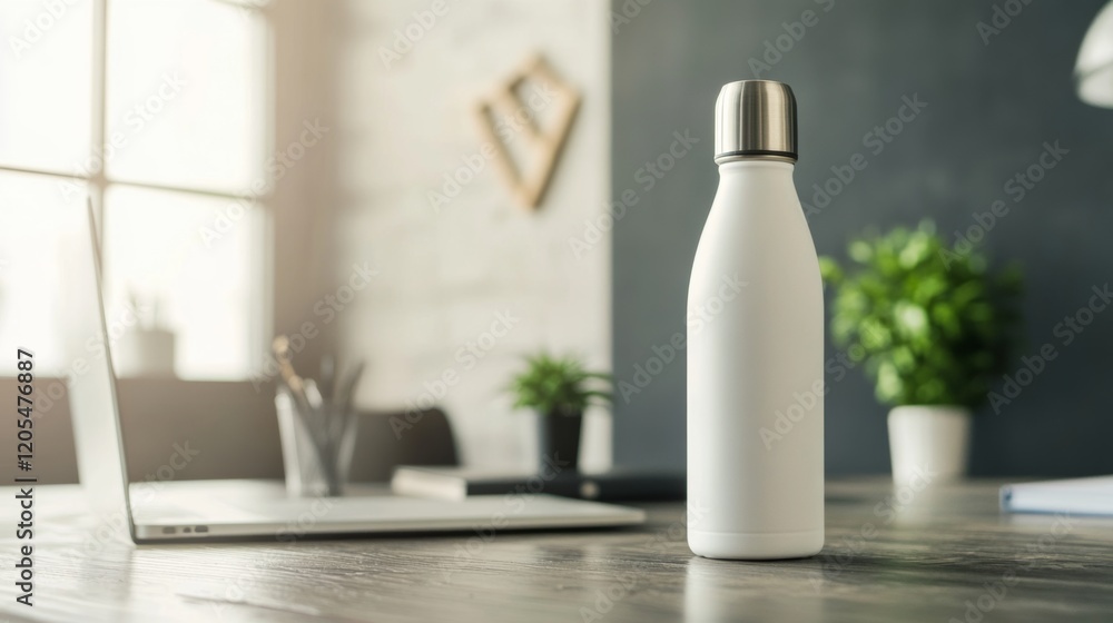 A stylish reusable water bottle on a minimalist desk, symbolizing environmental consciousness and hydration, Eco-friendly lifestyle scene A stylish reusable water bottle on a minimalist desk, symbolizing environmental consciousness and hydration, Eco-friendly lifestyle scene
