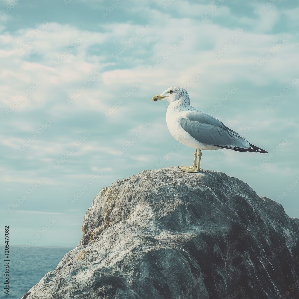 A calm seagull perched on a rock, gazing peacefully at the seaside view. A calm seagull perched on a rock, gazing peacefully at the seaside view.