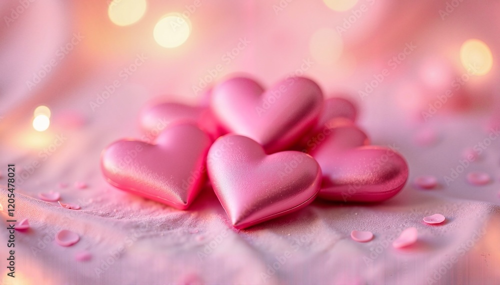 Romantic rose gold hearts with bokeh effect on soft pink fabric Romantic rose gold hearts with bokeh effect on soft pink fabric