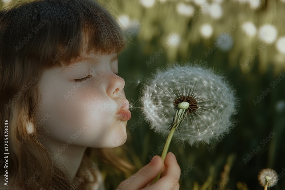 Child blowing dandelion seeds in a sunny meadow surrounded by blooming flowers Child blowing dandelion seeds in a sunny meadow surrounded by blooming flowers