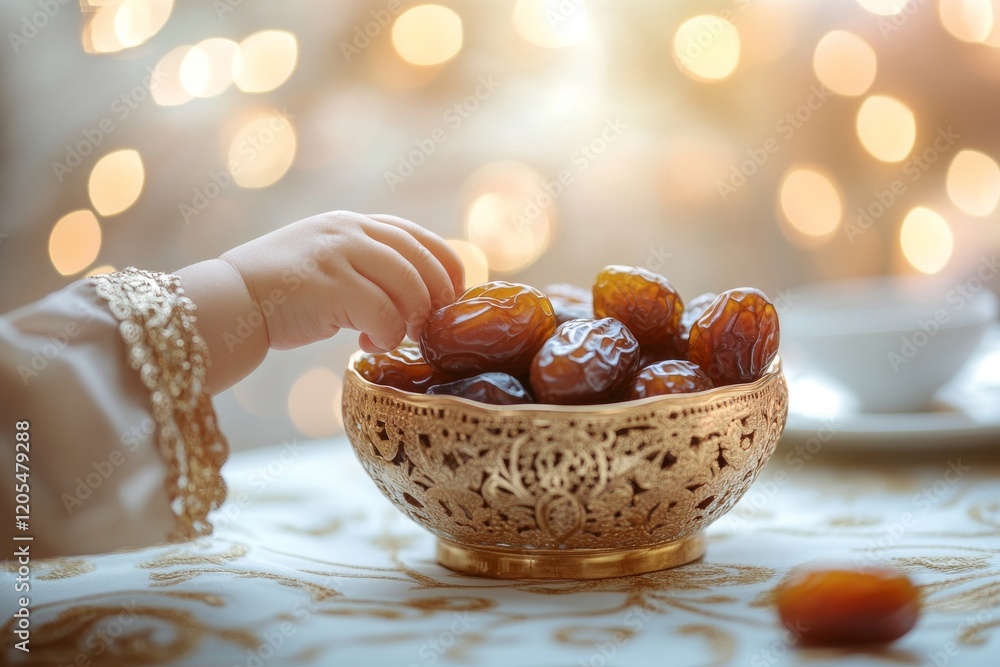A child's hand reaches for a bowl of dates, set on a decorative table with a soft glowing background A child's hand reaches for a bowl of dates, set on a decorative table with a soft glowing background