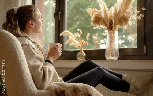 Junge Frau schaut aus dem Fenster, trinkt Tee und legt Füße zum Aufwärmen auf die Heizung