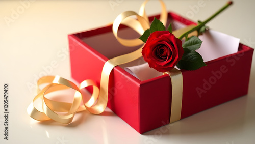 A luxurious red gift box with a long-stemmed rose on top, wrapped in champagne ribbon, glowing warmly against a creamy white background.
 photo