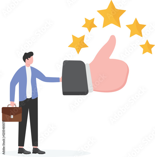 The client gives the rating five stars.Businessman shows a five-star thumbs up symbol to increase their score Excellent company
