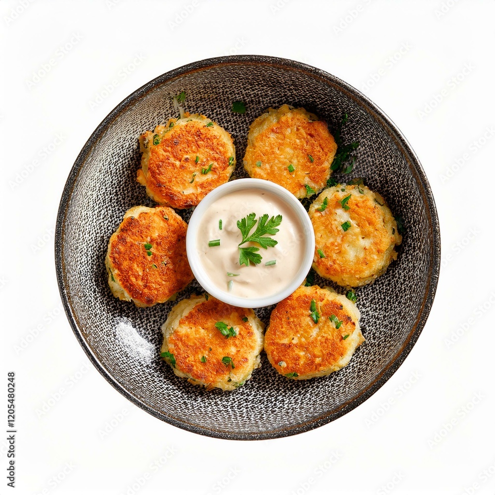 Crispy crab cakes served with cream sauce on white background Crispy crab cakes served with cream sauce on white background
