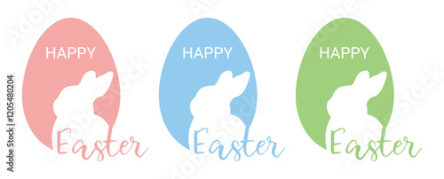 Easter egg shape with bunny silhouette - traditional symbol of holiday. Simple eggs hunt design. Cute bunnies characters in pink, blue, and green color. Vector illustration for poster, card or banner