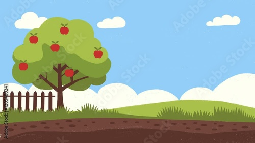 hand-drawn landscape with apple tree