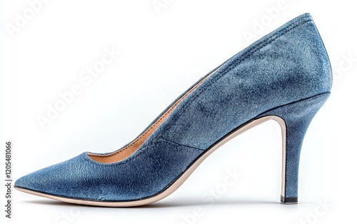 Denim high-heeled shoe with a pointed toe and glossy finish on a clean white background photo