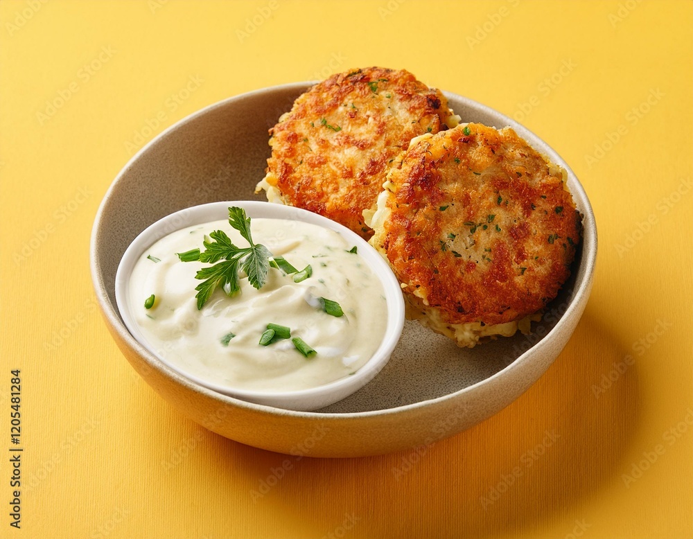Crispy crab cakes served with cream sauce on yellow background Crispy crab cakes served with cream sauce on yellow background