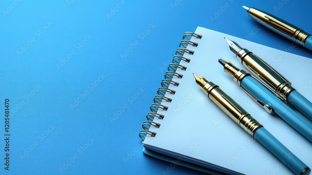 Elegant Blue Fountain Pens Resting on a Spiral Notebook Elegant Blue Fountain Pens Resting on a Spiral Notebook