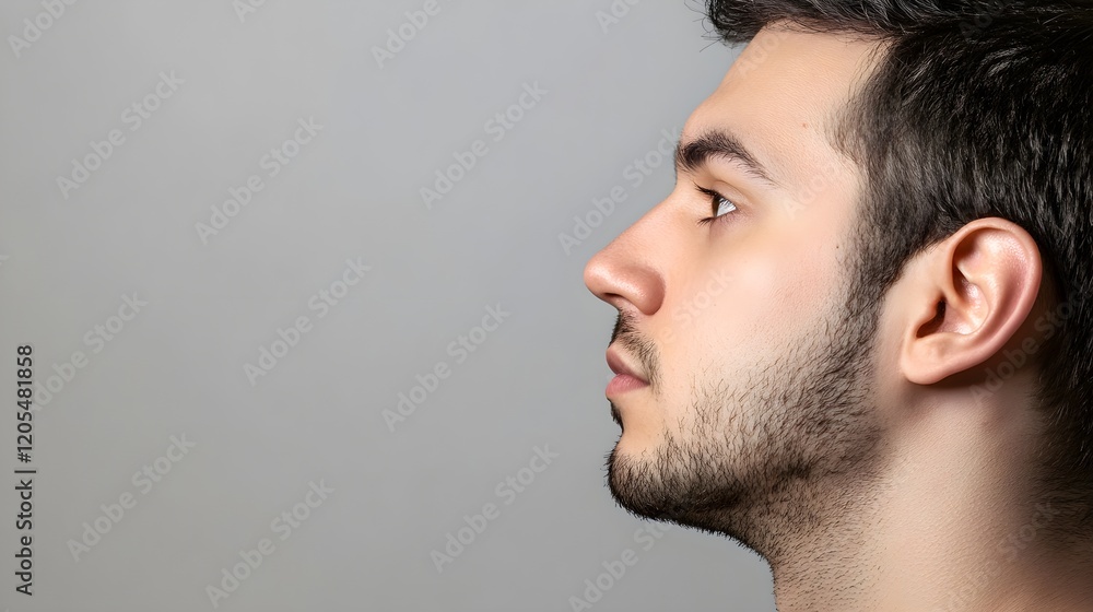 Naklejka premium Profile View of Man with Enlarged Thyroid Gland in Neutral Background