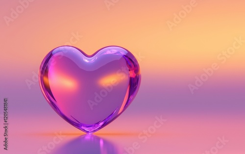 A vibrant purple 3D heart glowing on a gradient sunset-colored background photo