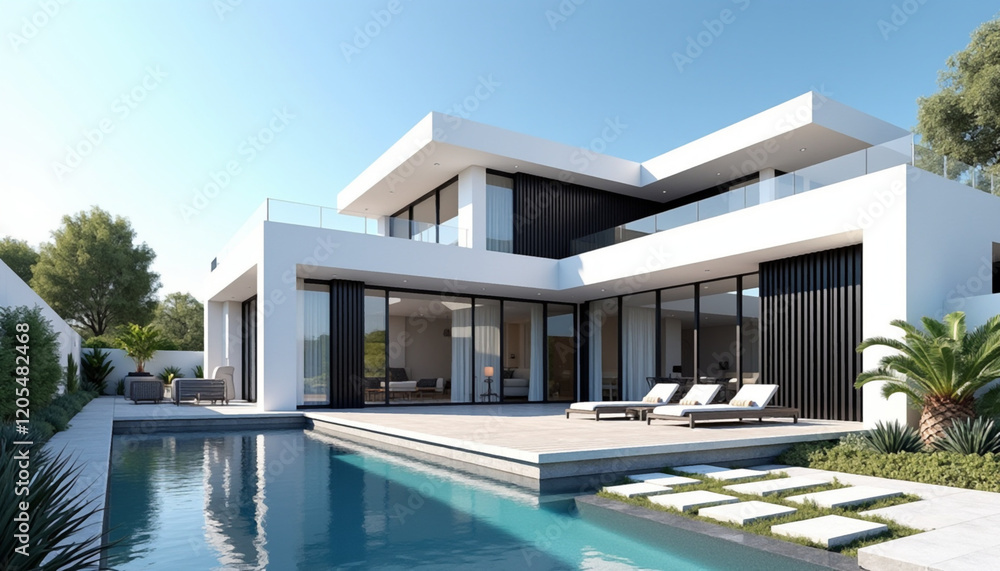 Fototapeta premium Contemporary White Villa with Infinity Pool in Mediterranean Style. AI Generation