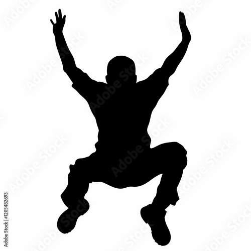 A man is jumping in the air. He is wearing a black shirt and black pants. He is holding his hands up in the air