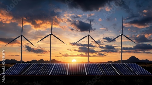 Renewable Energy Landscape with Solar Panels and Wind Turbines Against Sunset Sky photo