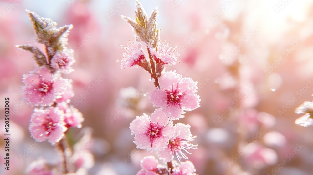 Frozen Peach Blossoms in the Morning Light: A Delicate Winter Scene Frozen Peach Blossoms in the Morning Light: A Delicate Winter Scene
