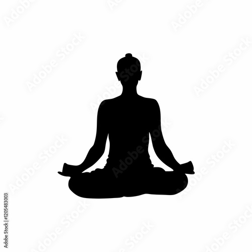 A person is sitting cross legged in a lotus position. The person is wearing a black shirt and black pants