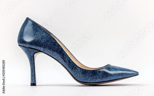 Denim high-heeled shoe with a pointed toe and glossy finish on a clean white background photo