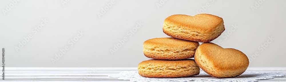 Freshly Baked Heart-Shaped Cookies Stacked on a Lace Mat Against a Light Background Freshly Baked Heart-Shaped Cookies Stacked on a Lace Mat Against a Light Background