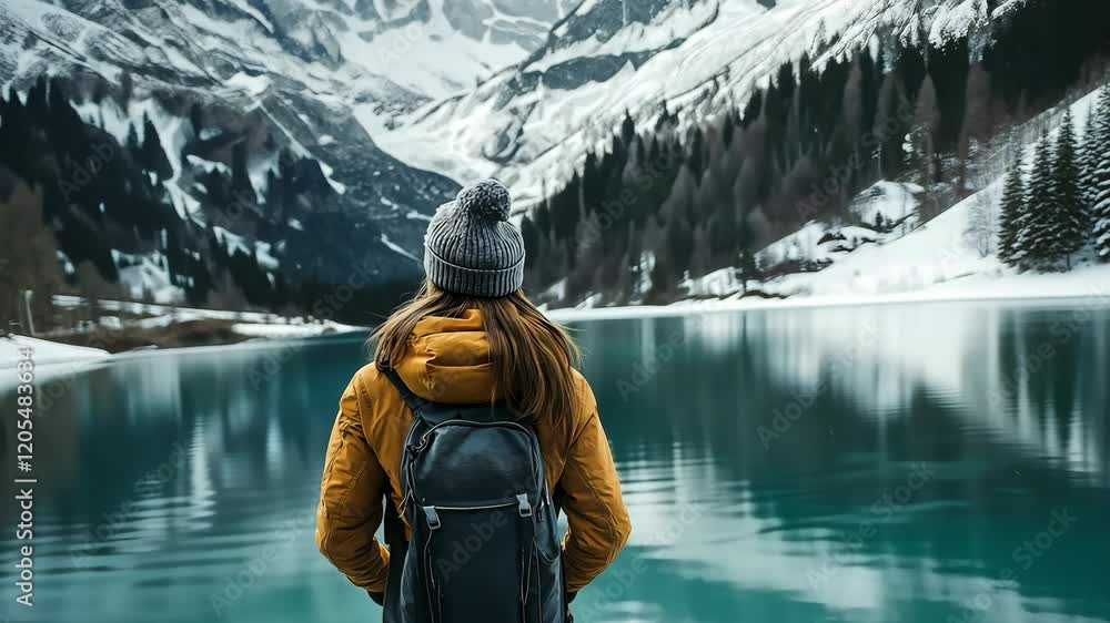 Back view of young woman hiker in wild with snow mountain and lake in national park
Back view of young woman hiker in wild with snow mountain and lake in national park