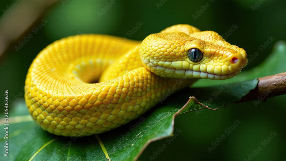 Fototapeta premium Close-up yellow snake with blue eyes on a green leaf of a tree