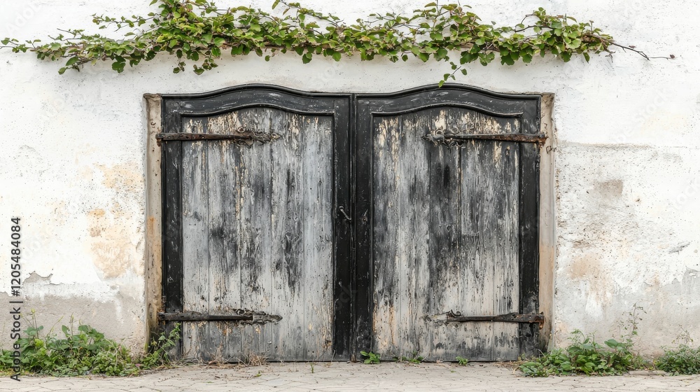 Rustic Wooden Gate Surrounded by Greenery on a Textured White Wall in a Tranquil Outdoor Setting Rustic Wooden Gate Surrounded by Greenery on a Textured White Wall in a Tranquil Outdoor Setting