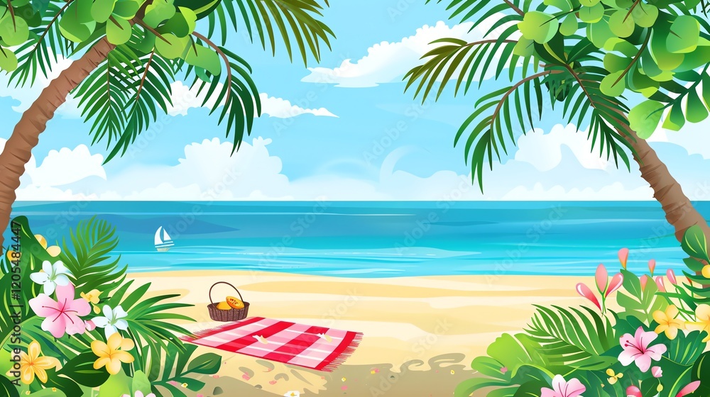 Obraz premium A tropical beach scene with palm trees, a picnic blanket, and a sailboat in the distance.