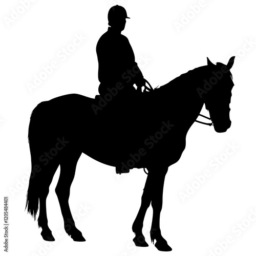 A man is riding a horse. The horse is black. The man is wearing a helmet. The horse is standing on a white background