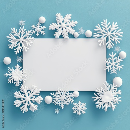 White snowflakes surround a blank white card on blue