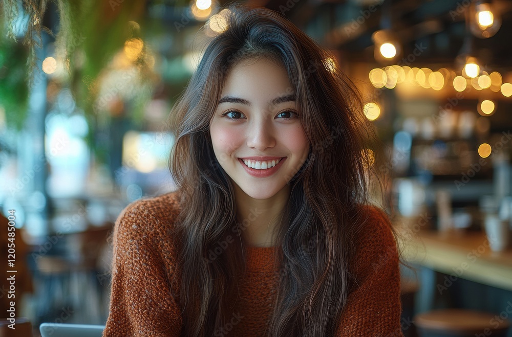 Young woman smiling warmly in a cozy cafe setting Young woman smiling warmly in a cozy cafe setting