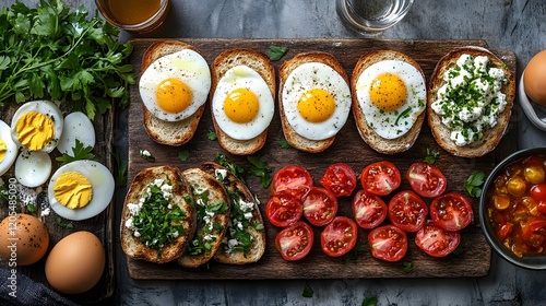 An assortment of uniquely topped breakfast breads and toasts with boiled eggs, captured in an overhead shot to highlight variety photo