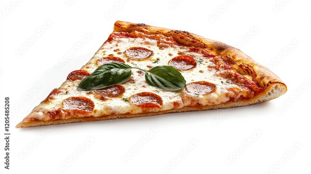 Freshly Baked Pepperoni Pizza Slice with Basil on White Background Freshly Baked Pepperoni Pizza Slice with Basil on White Background