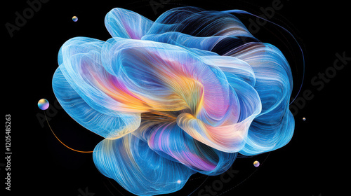 A conceptual abstract representation of a blooming flower, fluid layered petals formed by cascading ribbons of vivid blues, pinks