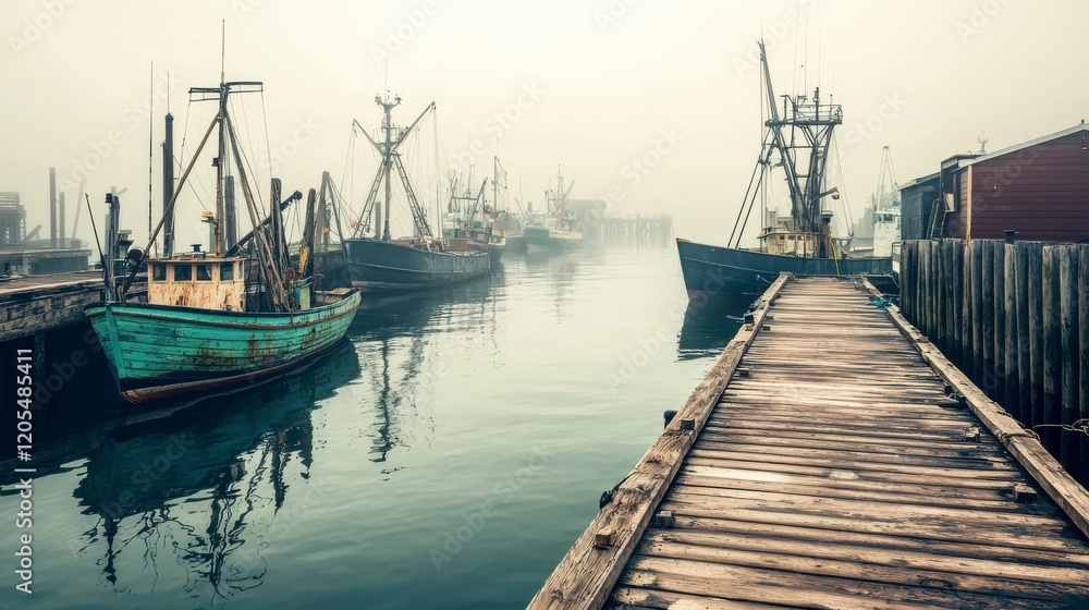 Obraz premium Foggy Harbor Scene with Fishing Boats and Wooden Pier Reflecting in Still Water at Dawn